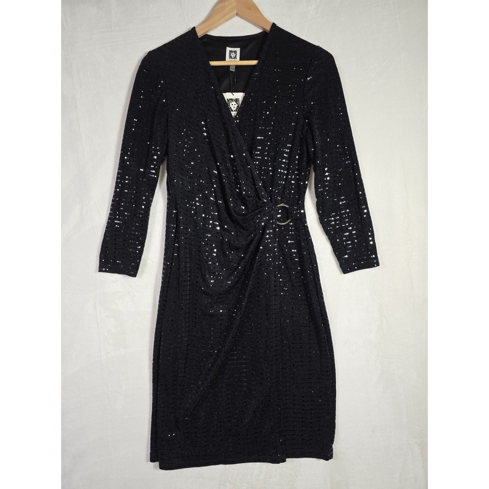 Anne Klein Black Sequin Wrap Cocktail Dress 3/4 Sleeve Size 4 NWT Party - Picture 2 of 11